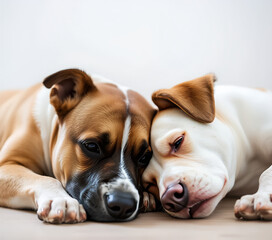 Obraz premium Canine Comfort: Two Affectionate Dogs Snuggle Close, Sharing a Moment of Peaceful Rest and Unwavering Companionship on a Light Wooden Floor