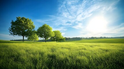 Obraz premium serene green field with trees under a sunny sky