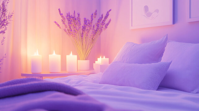 a soft and calming bedroom with a calming lavender and candles
