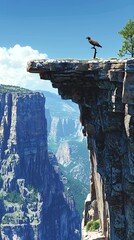 Bird Perched on Clifftop Overlooking a Deep Canyon