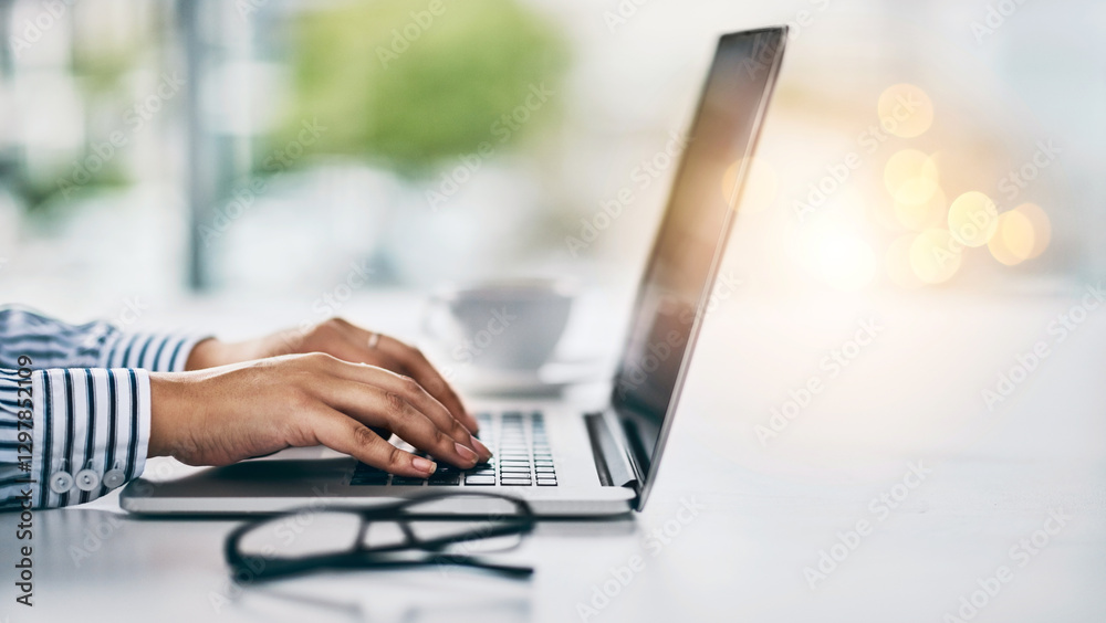 Poster laptop, planning and hands of business woman in office for email, seo review and client feedback. ne