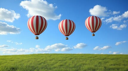 Naklejka premium Whimsical hot air balloons floating above a vibrant green field against a clear blue sky idyllic travel adventure and freedom