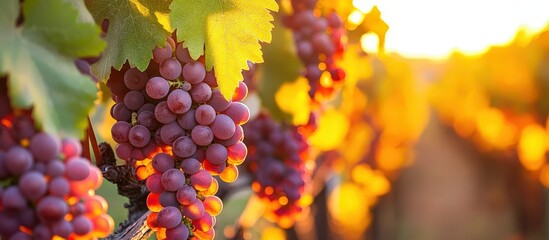 Breathtaking autumn colors of grapevine leaves in a vineyard.