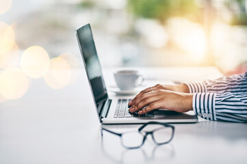 Laptop, online and hands of business woman in office for email, seo review and client feedback. Networking, website and schedule with closeup of employee typing for connection, report and planning