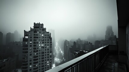 City Skyline Foggy Night Rooftop View