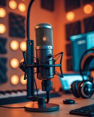 Professional podcast recording setup with a high-quality microphone, headphones, and computer screen in a modern studio with warm lighting, soundproof panels, and an aesthetic atmosphere

