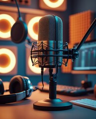 Professional podcast recording setup with a high-quality microphone, headphones, and computer screen in a modern studio with warm lighting, soundproof panels, and an aesthetic atmosphere

