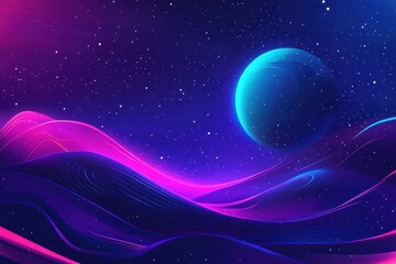 Vibrant neon landscape with a blue planet and starry night sky.