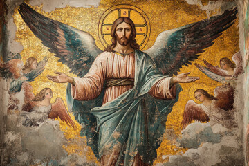 Naklejka premium Icon of the archangel with golden wings, holding a sword and shield, surrounded by clouds and rays of light.