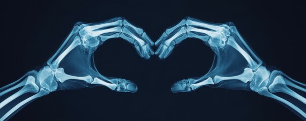X-ray image of two hands forming a heart shape on a dark blue background, symbolizing love and healthcare for the human body concept 