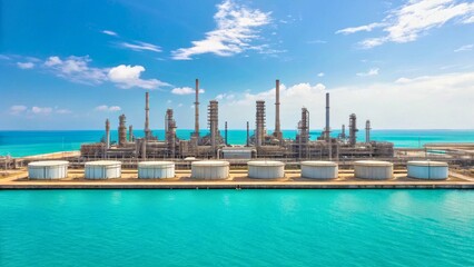 Naklejka premium Industrial Facility with Storage Tanks and Refineries Next to Turquoise Waters Under Blue Sky