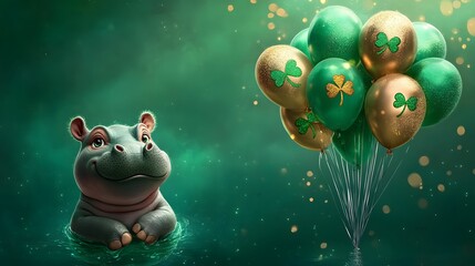 Naklejka premium A playful hippo sits in water, gazing at festive green and gold balloons, creating a whimsical, celebratory atmosphere.
