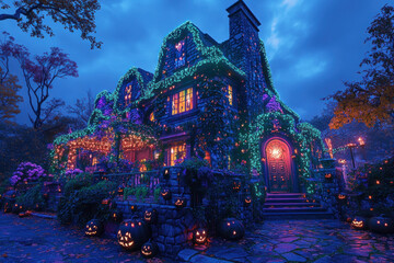 Fototapeta premium House decorated for Halloween: pumpkins and lights add spooky charm, creating a festive and inviting atmosphere.
