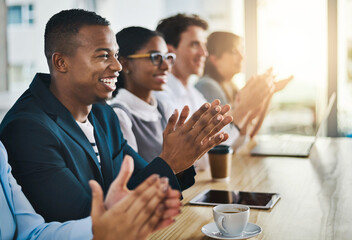 Business people, conference and applause for presentation, meeting and agreement in office. Group,...