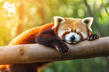 Fototapeta premium Adorable Red Panda Sleeping Peacefully on a Branch in Nature