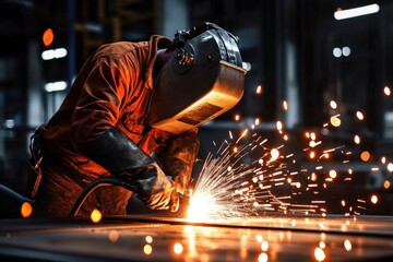 The process of welding in a metal factory showcases the heat treatment of steel and iron.