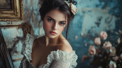 A woman in an elegant Victorian princess gown or a Renaissance dress, adorned with intricate lace and rich fabrics, standing gracefully. The concept of historical fashion, nobility.