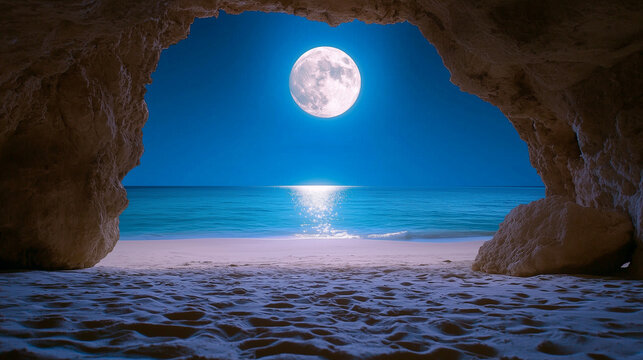 A beach view from inside an underground cave, the moon is shining on the ocean. There are sand and rocks in front of it, creating a peaceful and mysterious atmosphere. The scene is