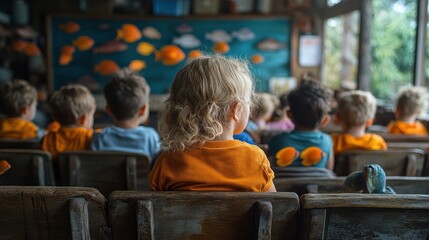 Preschoolers captivated by an underwater world, a vibrant classroom scene filled with wonder and learning.