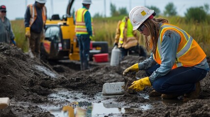 A team of environmental engineers conducting soil remediation work at a contaminated site, specialized equipment, such as soil sampling tools, portable analyzers, and excavation machinery.