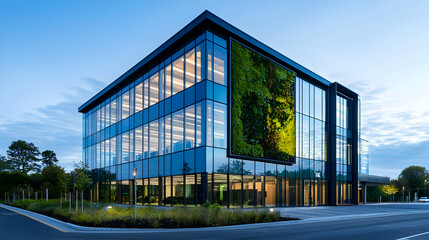Obraz premium Modern Glass Office Building Exterior with Green Wall and Blue Sky