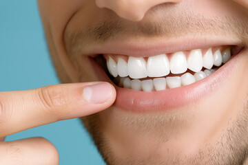 Obraz premium Close-up of a smiling man touching his healthy, white teeth with his finger, against a blue background. Close-up portrait of a handsome male model showing a perfect smile and clean
