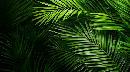 Vibrant Green Palm Leaves Forming a Dense Tropical Background with Contrasting Light and Shadows