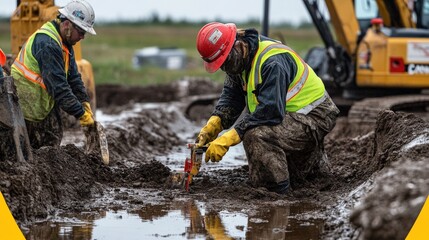 Obraz premium A team of environmental engineers conducting soil remediation work at a contaminated site, specialized equipment, such as soil sampling tools, portable analyzers, and excavation machinery.