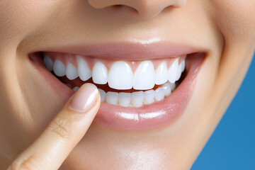 Obraz premium Close-up of a smiling man touching his healthy, white teeth with his finger, close-up on a blue background. Image for a dental clinic advertisement. The man is showing a perfect sm
