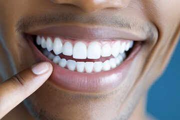 Fototapeta premium Close-up of a smiling man pointing at his perfect white teeth, close-up on a blue background, a stock photo for a dental clinic advertisement. This award-winning shot has a hyper-r