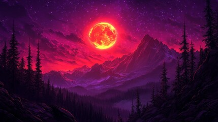Mystical mountain landscape under radiant celestial sphere artwork with dreamy violet skies and lush forest foreground