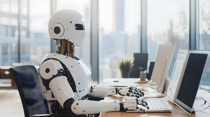 robot working on computer in modern office
