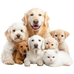 Fototapeta premium Playful puppies resting, a group of adorable golden and white puppies in a cozy pile, ideal for pet-related themes or promotions. Isolated on white background or PNG