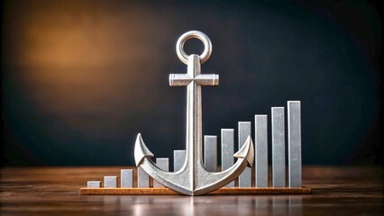 Metallic Anchor Surrounded by Bar Graph on Wooden Table with Dark Background
