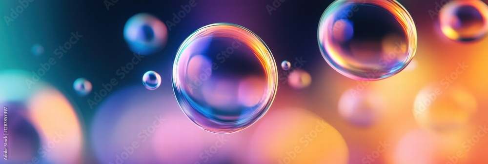 Fototapete Colorful soap bubbles floating in a vibrant background with soft lights and blurred colors. Generative AI