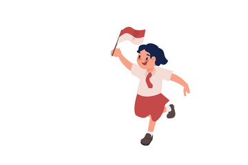 Elementary School Girl Raising Indonesian Flag Illustration