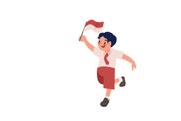 Elementary School Boy Raising Indonesian Flag Illustration