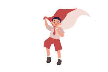 Elementary School Boy Raising Indonesian Flag Illustration