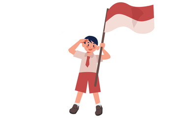 Elementary School Boy Raising Indonesian Flag Illustration