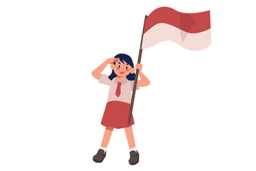 Elementary School Girl Raising Indonesian Flag Illustration