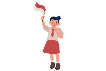 Elementary School Girl Raising Indonesian Flag Illustration