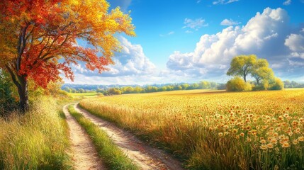 Obraz premium Picturesque golden wheat field in autumn with a path leading to a tranquil horizon and captivating sky enhanced by vivid color