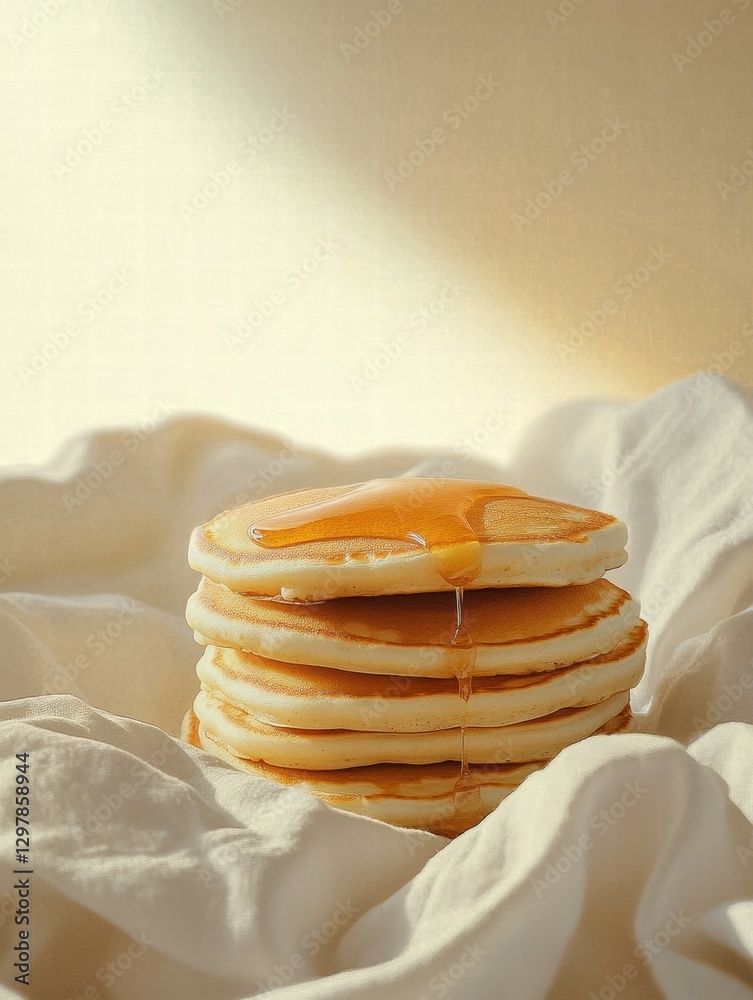Poster delicious stack of fluffy pancakes drizzled with golden syrup on a soft cloth in warm light. generat