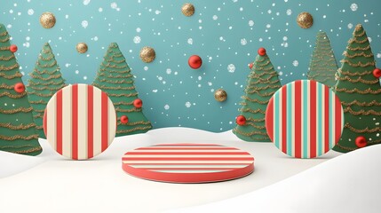 Obraz premium festive christmas scene with striped podiums and decorated trees