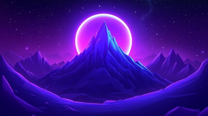 Fototapeta premium Vaporwave Pixelated Mountainscape Retro Future Scenery Pixel Art Landscape With Glowing Moon Purple Hues Synthwave Aesthetic Visuals