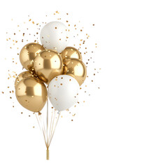 Colorful balloons in gold and white, festive celebration decorations, perfect for events and joyful occasions, copy-space available. Isolated on white background or PNG