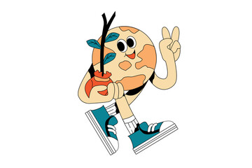 Retro Cute Earth Character Mascot Illustration