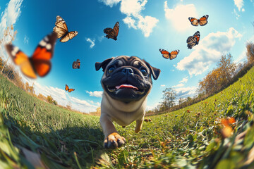 Cute pug running grass chasing butterflies warm sunlight fisheye lens