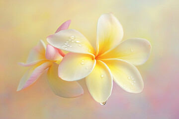 Fototapeta premium Close-up of a yellow frangipani with a water droplet, softly blurred pastel background creating a tranquil atmosphere
