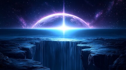 Horizon of light futuristic cosmic landscape with starscape and planetscape digital art for visual backgrounds and science fiction elements